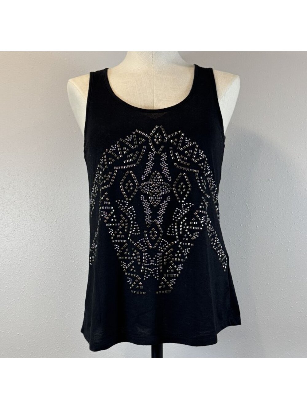 Vanity Sleeveless Tank Top Size Small Black Rhinestone Tribal Design Open Back